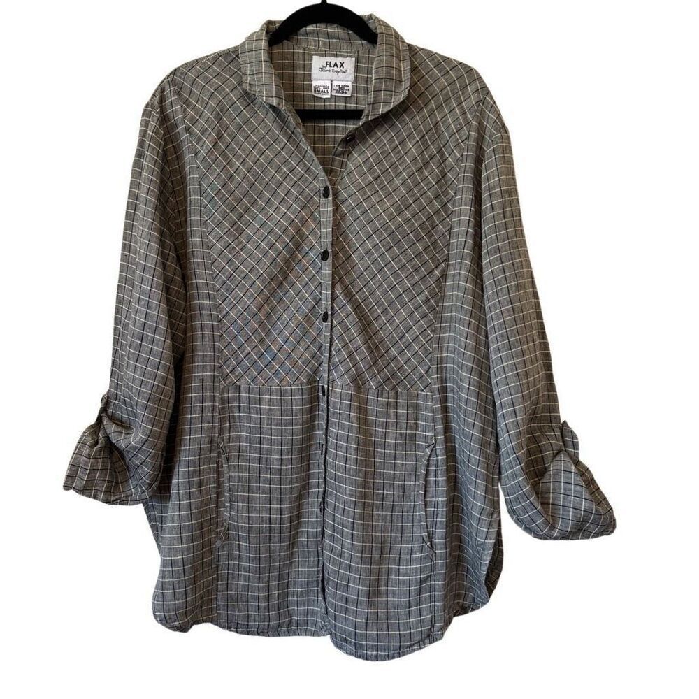Vintage Flax by Joanne Engelhart Linen Windowpane Plaid Convertible Slv Top Sz S - Picture 2 of 13